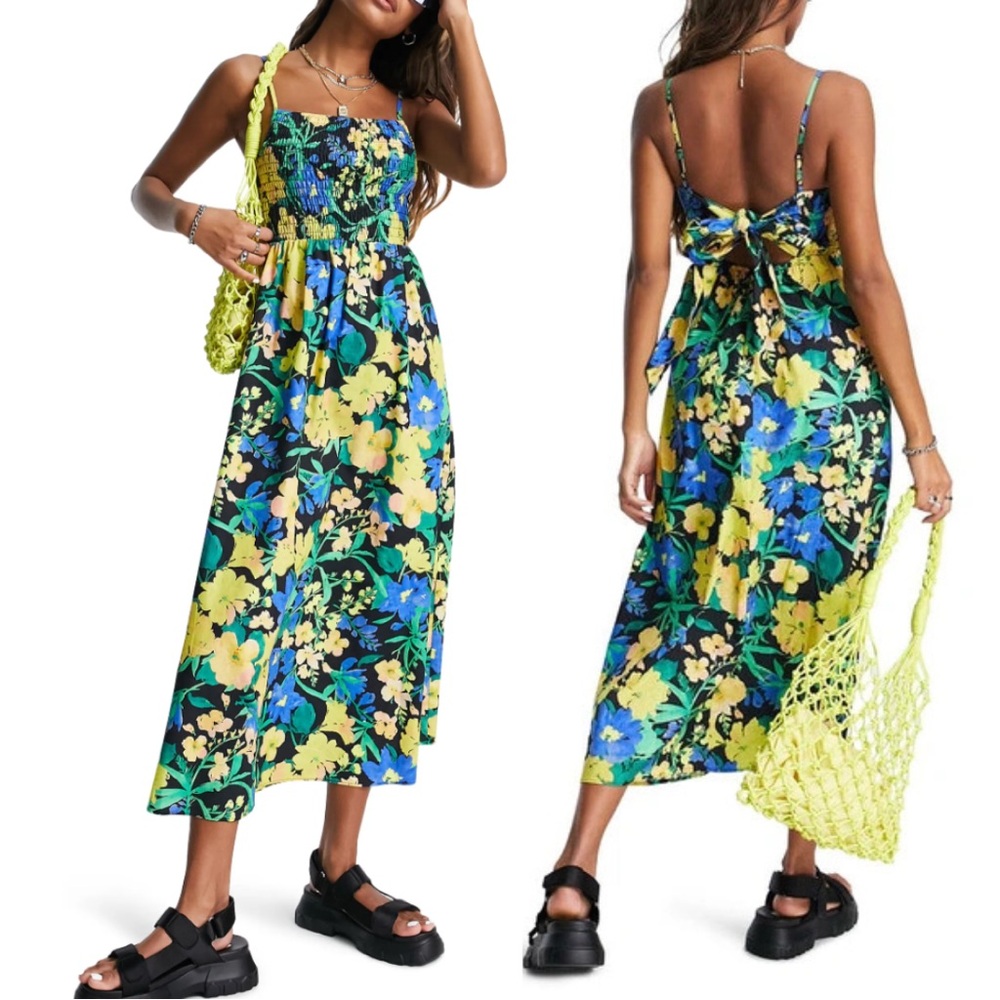 Topshop Poplin Bold Floral Smocked Midi Dress
